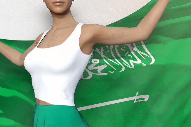 性感的女孩在明亮的裙子手持沙特阿拉伯国旗在她背后的白色背景-国旗概念3d插图图片下载