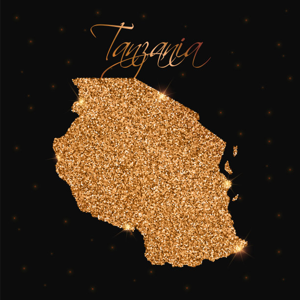 坦桑尼亚地图充满了金色的光芒。图片下载