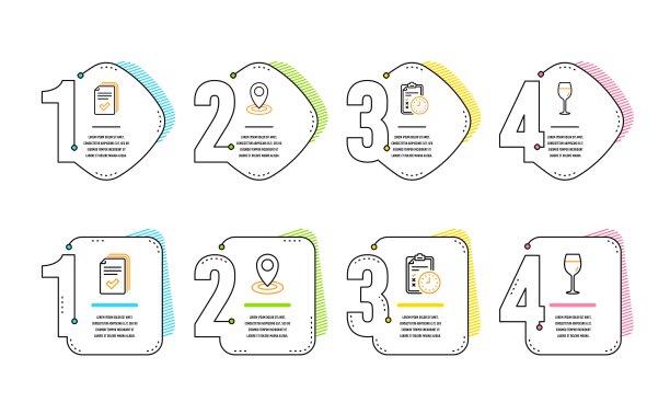 考试时间，讲义和位置图标设置。酒杯的迹象。检查表，文档示例，映射指针。向量图片下载