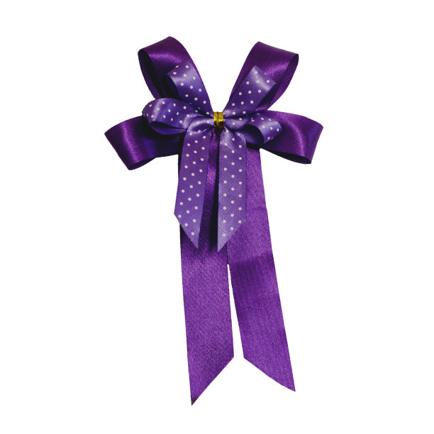 紫色的礼品丝带和圆点丝带系在白色的蝴蝶结上，附有工作路径图片下载