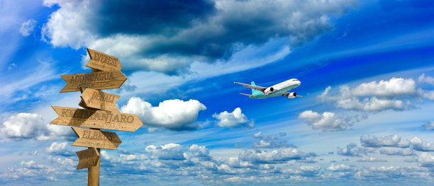 一架飞机和一个木头指针对着天空的图像图片下载