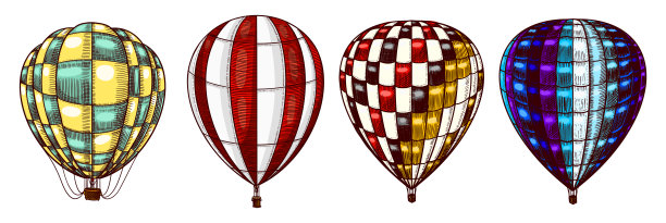 热空气气球。矢量复古飞艇与装饰元素。模板运输的浪漫标志。手绘雕刻复古素描图片下载