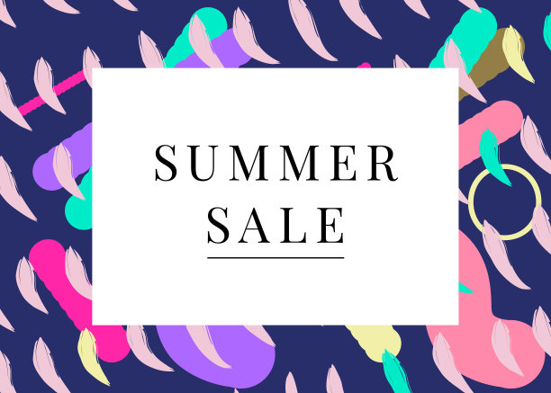 夏季销售五颜六色的网络横幅，卡片或标签。抽象，酷的艺术设计，时髦的热带色彩，几何，抽象的形状和笔触，疯狂的图案充满活力的霓虹灯和粉彩调色板粉色，蓝色，淡紫色，薄荷绿，珊瑚红图片下载