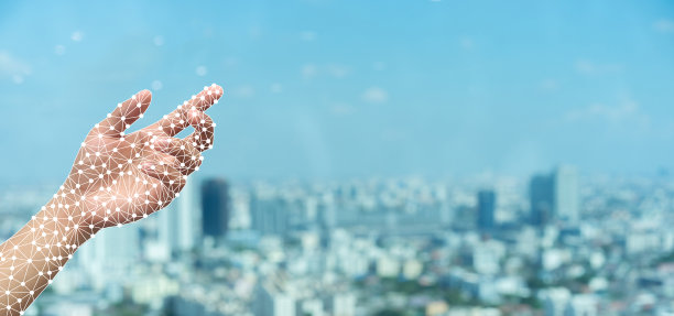 近手人工智能(ai)手势触及首都城区背景的全球化未来技术创新概念图片下载