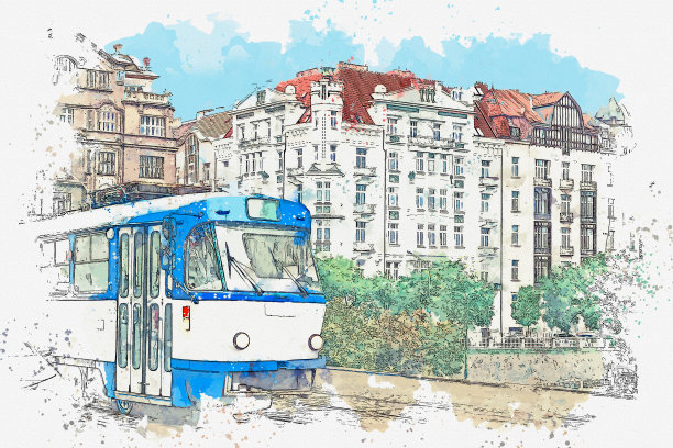 布拉格的传统电车。图片下载