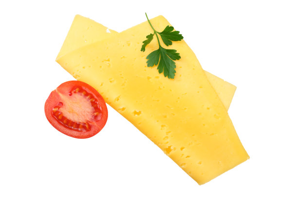 芝士片，蕃茄和欧芹孤立在白色背景上。俯视图图片下载