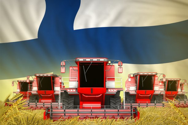 工业3D插图的许多红色农业联合收割机在麦田与芬兰旗背景-前视图，停止饥饿的概念图片下载