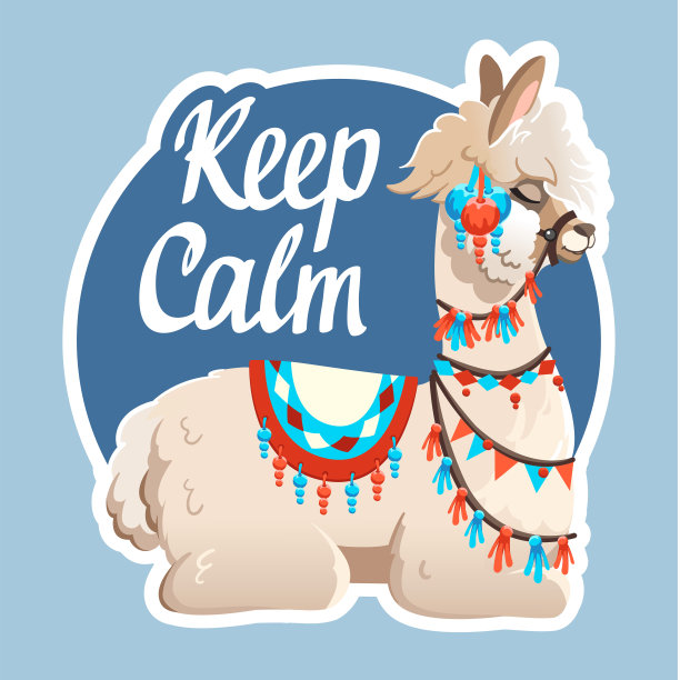 插图与骆驼和仙人掌植物。蓝色背景上的矢量无缝模式。羊驼贺卡。图片下载