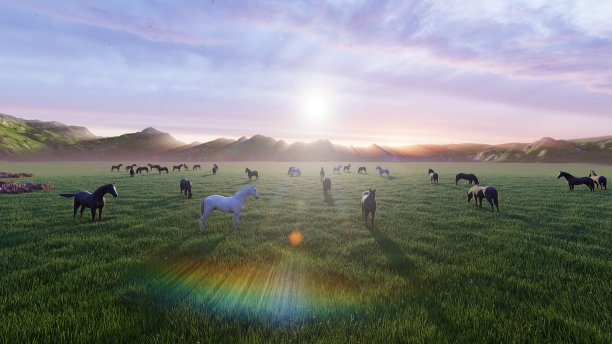 在一个美丽的夏日早晨，一群年轻的马在风景如画的绿色草地上吃草。三维渲染图片下载