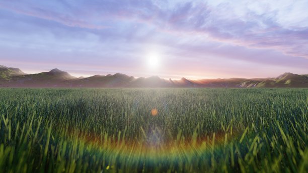 在一个美丽的夏日早晨，一群年轻的马在风景如画的绿色草地上吃草。三维渲染图片下载
