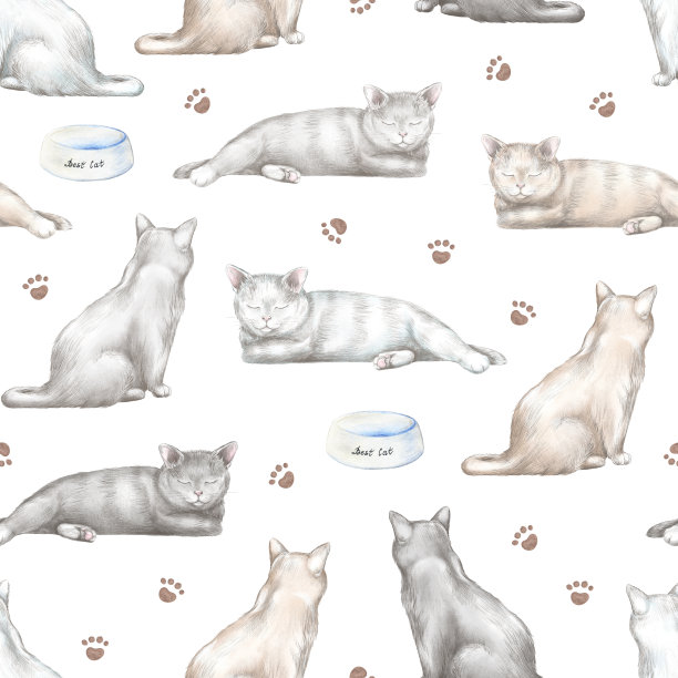 水彩和铅笔画无缝图案与猫图片下载