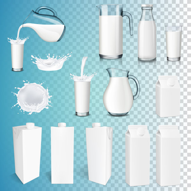 一套牛奶产品，隔离在透明背景上。泼牛奶，倒牛奶，瓶子，罐子，杯子。图片下载