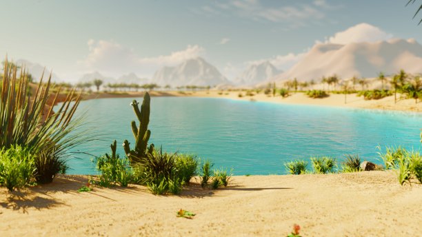 沙漠中的绿洲。炎热的一天。远处的山脉、沙丘和闷热的天空。美丽的风景。灌木丛中的昆虫和天空中的鸟儿。沙丘和仙人掌。三维渲染图片下载