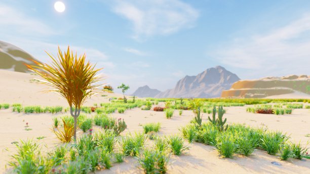 沙漠的地平线。晴朗的日子。远处有山，有沙丘，有蓝天。美丽的风景。沙丘和炎热的天空。沙丘和仙人掌。三维渲染图片下载
