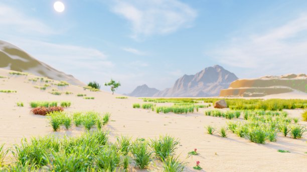 沙漠的地平线。晴朗的日子。远处有山，有沙丘，有蓝天。美丽的风景。沙丘和炎热的天空。沙丘和仙人掌。三维渲染图片下载