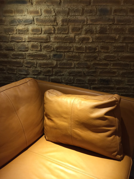 棕色皮沙发配砖墙图片下载