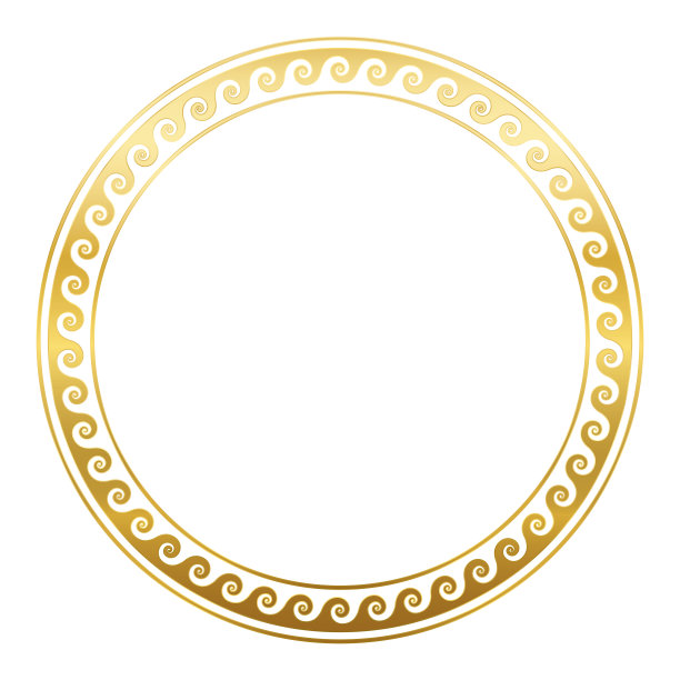 圆形框架与金色螺旋或角，无缝希腊模式。装饰性的边界，由连续的线条构成，形成重复的主题。白色背景。图片下载