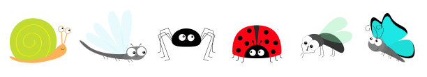 蜗牛蝴蝶瓢虫瓢虫苍蝇家蝇蜘蛛蜻蜓昆虫图标集线。婴儿儿童收藏。可爱的卡通卡哇伊滑稽的人物。微笑的脸。平面设计。白色背景。图片下载