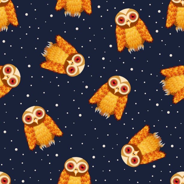 无缝模式猫头鹰在蓝色夜景背景，儿童设计风格，矢量插图图片下载