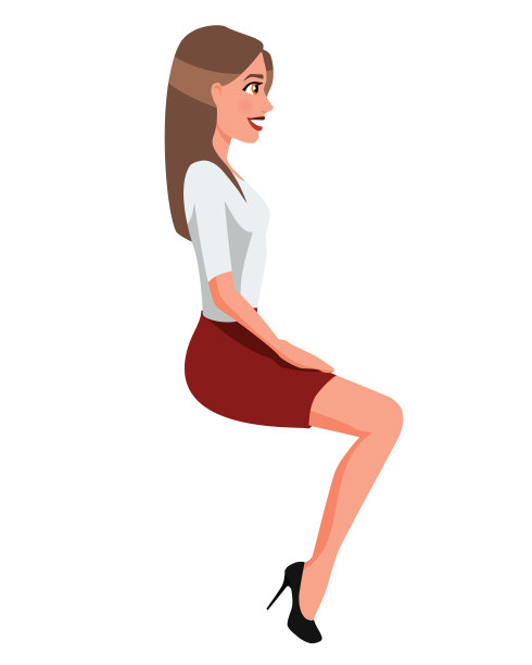 矢量插图坐女人在白色背景下红色裙子和白色衬衫。卡通人物写实插画。平坦的年轻女子。侧视图。图片下载