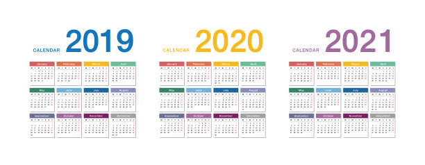 2019年和2020年和2021年日历矢量设计模板，简单而干净的设计。2019年和2020年的日历，黑色背景的组织和业务。星期从星期一开始。图片下载