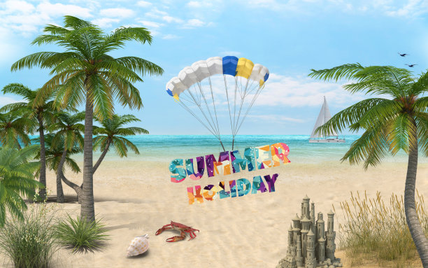旅游和度假概念，3D热带场景与3D降落伞与夏季假期文本对象。图片下载