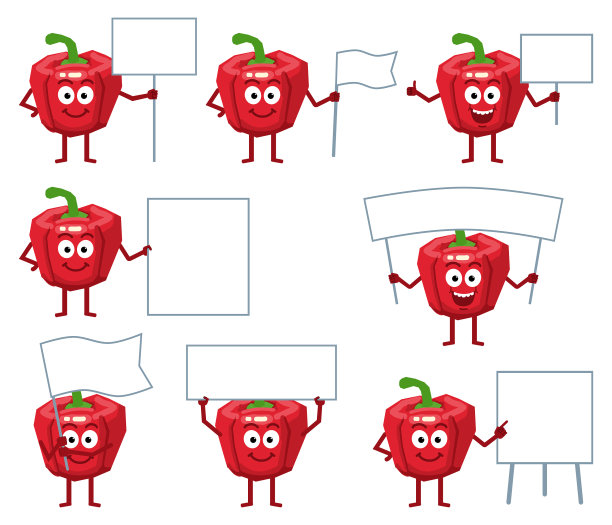 一组红辣椒人物摆出不同的空白横幅。欢快的花椒拿着纸、海报、标语牌，指着白板。教导、宣传、推广图片下载