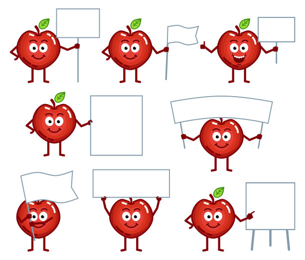 一套卡通红苹果人物摆姿势与不同的空白横幅。欢快的苹果拿着标语牌、纸、海报，指向白板。教,做广告图片下载