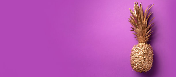 创造性的布局。金色菠萝在紫罗兰背景与复制空间。前视图。热带平。异域美食概念，疯狂潮流。横幅图片下载
