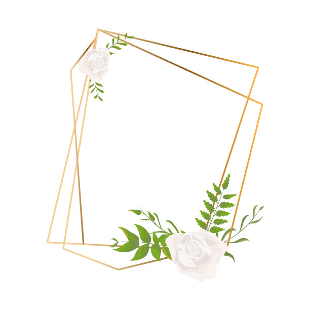 孤立的黄金几何框架或多面体与树叶和玫瑰，装饰艺术风格的婚礼邀请，豪华模板。婚礼装饰的概念。图片下载