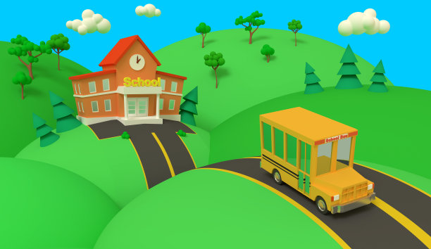 黄色的教学楼和绿色的校车带着夏日美丽的风景。回到学校。体积风格的插图。3 d渲染。图片下载