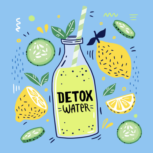 排毒鸡尾酒，柠檬，黄瓜，薄荷。矢量插图贺卡，杂志，咖啡馆和餐厅菜单。新鲜冰沙，健康生活，饮食。图片下载
