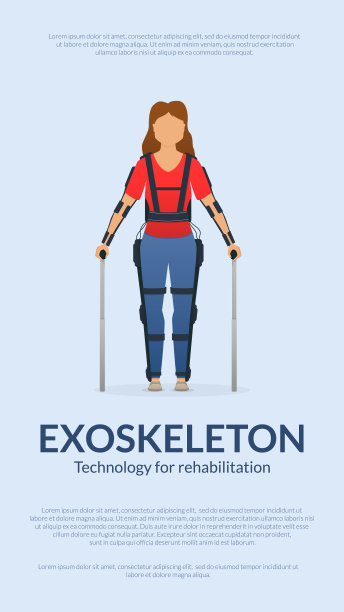 残疾妇女留在医疗外骨骼。旗帜模板。未来的医学，仿生技术。向量。图片下载