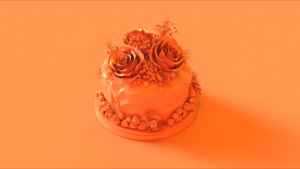 大橙色蛋糕与树莓，大的和小的花装饰图片下载