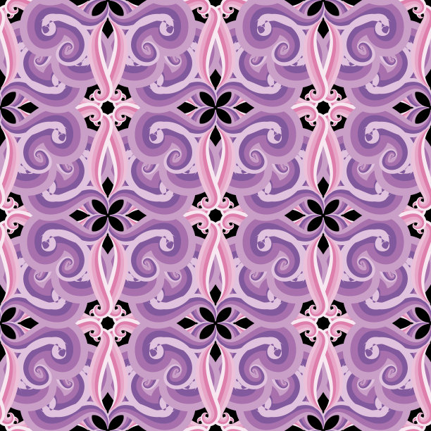 五彩缤纷的观赏性花卉载体无缝图案。典雅的粉红色紫罗兰色背景。复古的阿拉伯民族风格花，漩涡，条纹，线条，曲线。东方璀璨华丽的点缀。图片下载