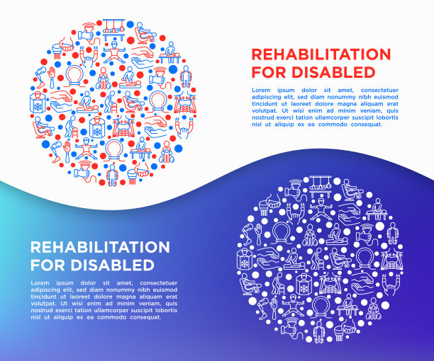 残疾人康复概念圈，细线图标:磁疗，激光，按摩，淋巴引流，冷冻疗法，生物机电。矢量插图，打印媒体模板。图片下载