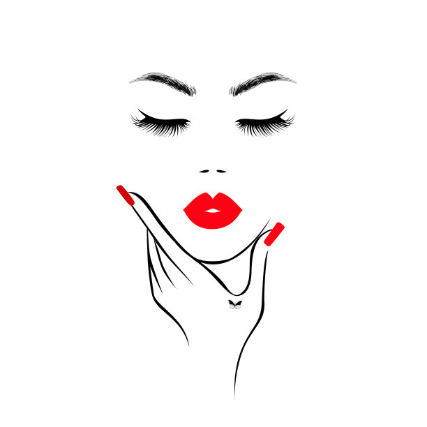 美丽的女人的脸与红色的嘴唇，茂盛的睫毛，手与红色的指甲。Spa沙龙。美丽的标志。矢量图图片下载