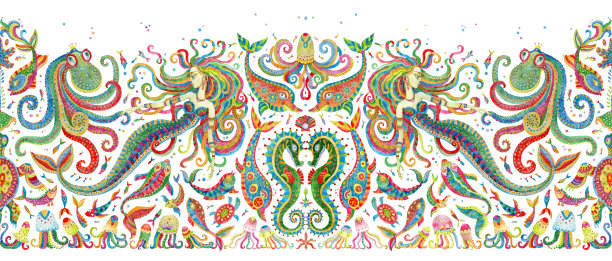 无缝边框图案的彩色手绘童话海洋动物和美人鱼。水彩幻想鱼，章鱼，海贝壳，泡沫在白色的背景。蜡染流苏，纺织印花图片下载