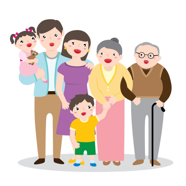 在白色的背景上画一个大的快乐的全家福，有父母，孩子和祖父母素材图片