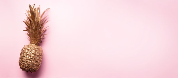 创造性的布局。金色菠萝在粉红色的背景和复制空间。前视图。热带平。异域美食概念，疯狂潮流。横幅图片下载