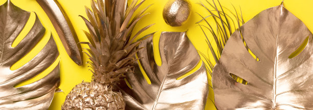创造性的布局。金菠萝和金棕榈，怪物在黄色背景与复制空间。前视图。热带平。异域美食概念，疯狂潮流。横幅图片下载