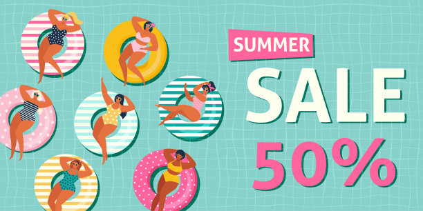 夏季销售横幅与gils在充气游泳池漂浮的背景，异国情调的花卉设计的横幅，传单，邀请，海报，网站或贺卡。矢量插图。图片下载