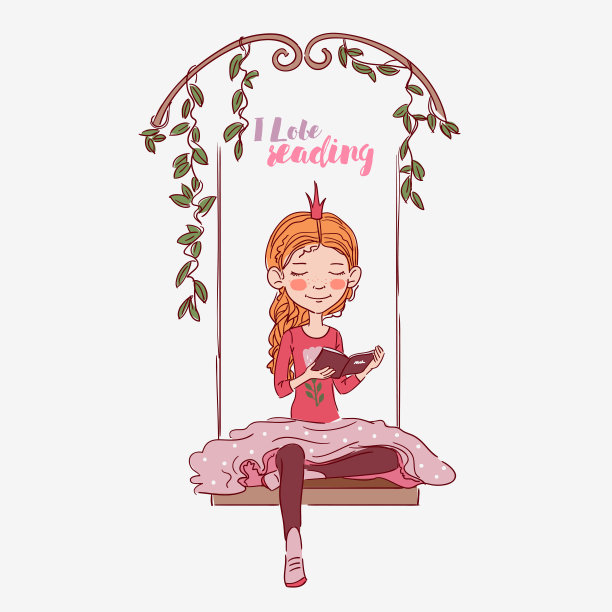 可爱的小女孩戴着皇冠在秋千上看书。图片下载