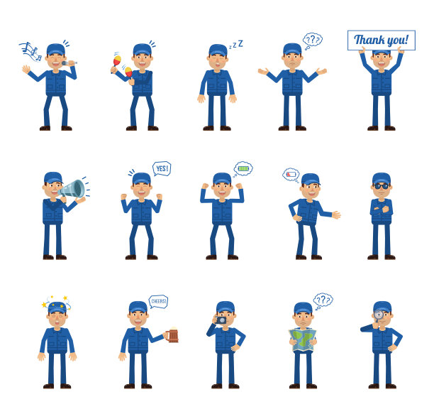 大量的机制角色呈现出不同的行动，手势和情感。欢快的工人唱歌、睡觉、举着喇叭、举着横幅、做着地图等动作图片下载