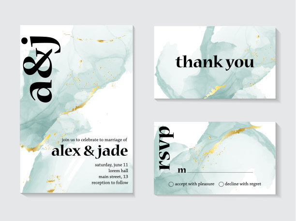 一套婚礼油墨液体卡与排印。婚礼邀请的概念。温柔的薄荷金海报，邀请。矢量装饰贺卡或邀请设计背景-矢量图片下载