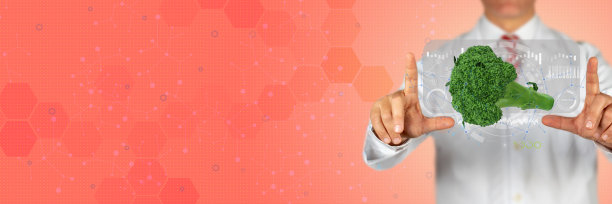 博士手持3D西兰花物体在HUD图形界面和珊瑚色高技术背景与大拷贝空间。图片下载