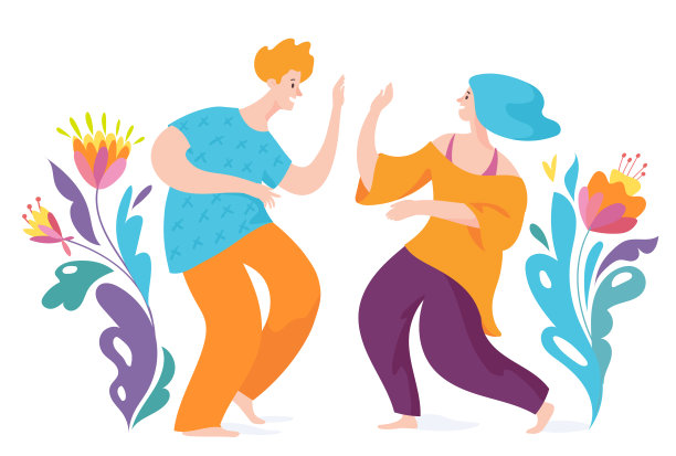 向量形象的跳舞的人与花和夏季装饰图片下载