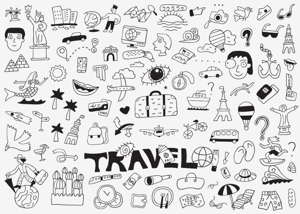 旅行涂鸦套装，铅笔画图片下载