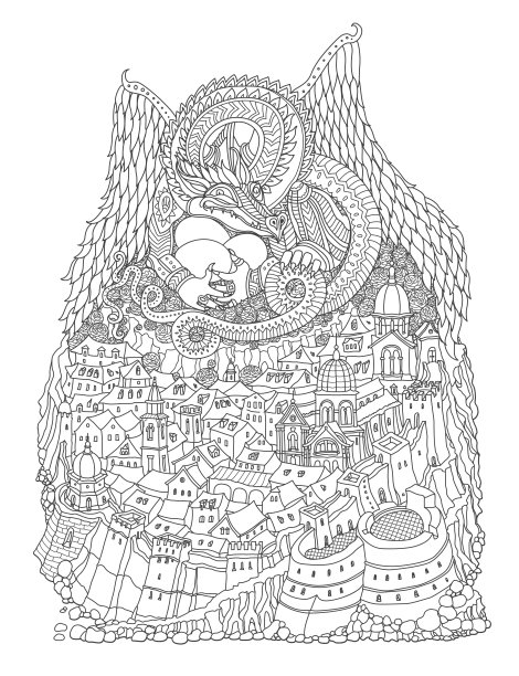 矢量轮廓细线插图。华丽的龙兽巢穴在岛上，童话城堡，古老的中世纪城镇。黑白手绘素描艺术作品。成人涂色书页，t恤印图片下载