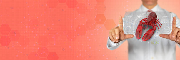 博士手持3D煮龙虾物体在HUD图形界面前，珊瑚色高技术背景与大拷贝空间。图片下载